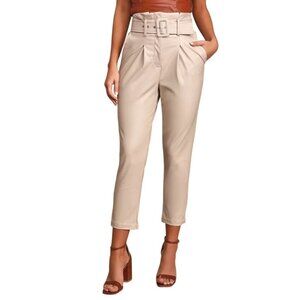 Lulus‎ J.O.A. High Rise Vegan Leather Paperbag Trouser in Cream Size XS NWT